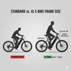 Side-by-side comparison of a standard electric bike frame versus an XL frame designed for riders over 6 feet tall.