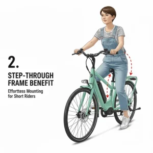 Illustration of a low-step electric bike frame allowing easy mounting for riders with shorter inseams.