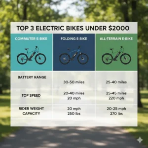 Comparison chart of the top 3 recommended electric bikes under $2000, detailing battery range, top speed, and rider weight capacity.