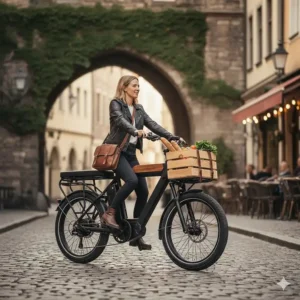 A high-capacity utility electric bike with a passenger seat demonstrating how it can carry both a rider and some small cargo.