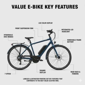 A labeled illustration pointing out key features that contribute to the best value electric bike, including disc brakes, an LCD display, and front suspension.
