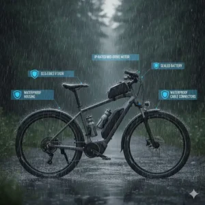 Illustration highlighting the IP-rated waterproof housing on a long distance electric bike for all-weather riding.