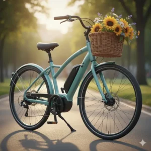 Illustration of a low-step electric bike frame designed for easy mounting and dismounting.