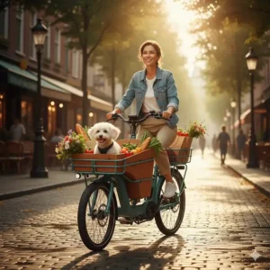 An electric cargo bike equipped with front and rear baskets for grocery shopping and errands.