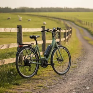 A budget-friendly electric bike for country roads leaning against a wooden fence in a pasture.