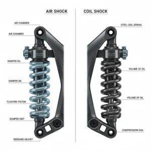 Comparative illustration of an air shock versus a coil shock on a full suspension electric mountain bike.Click