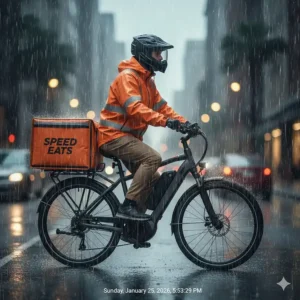 Illustration of an e-bike with mudguards and waterproof components for food delivery in rain or snow.