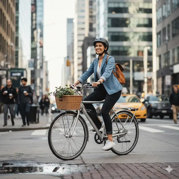 A commuter riding a modern electric bike through a busy city street with skyscrapers in the background.