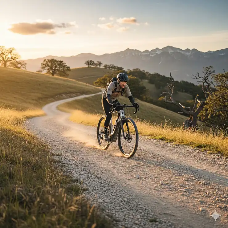A cyclist riding a high-performance electric gravel bike on a winding mountain trail with loose gravel. electric bike for gravel roads