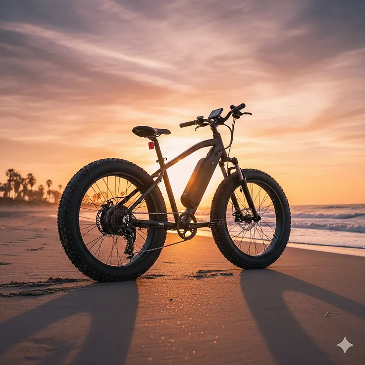 A high-performance electric fat tire bike parked on a sandy beach during sunset, highlighting its wide tires and rugged frame.