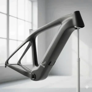 Close-up illustration of a carbon fiber frame used in lightweight electric bike construction.