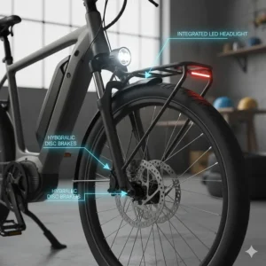 Photorealistic close-up of the hydraulic disc brakes and front wheel of a high-end electric cargo bike.