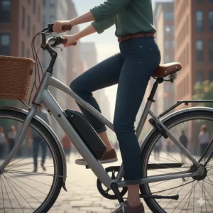 A close-up illustration of an electric bike for city riding featuring a low step-through frame for easy mounting.