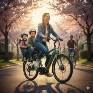 A photorealistic heavy-duty electric cargo bike configured for commercial package delivery in a city.