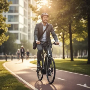 A person commuting to work on a step through electric bike along a scenic urban path.
