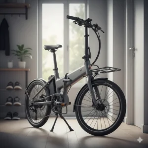 A compact-frame electric cargo bike designed for easy storage in smaller urban living spaces.