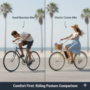 A comparison diagram showing the relaxed upright seating of a cruiser style ebike versus the aggressive leaning position of a road or mountain bike.