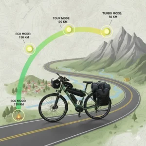 Illustration showing the estimated range of an electric bike for touring on a single charge across different modes.