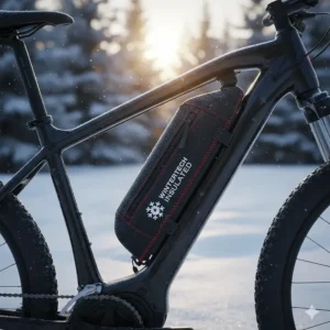 Diagram showing a thermal sleeve or insulated battery casing for winter e-bike performance.