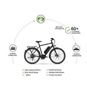 Graphic showing expected battery life for a long-distance electric bike for bike paths.