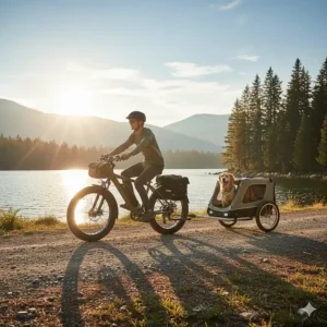 An electric bike for camping pulling a specialized pet trailer with a dog on a scenic lakeside path.