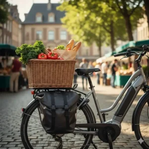 Close up of a heavy-duty rear rack on an electric bike for grocery shopping.