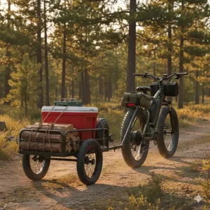 A rear-view illustration of a cargo trailer attached to an electric bike for camping, carrying a cooler and firewood.