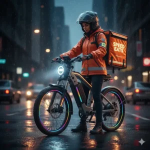 Illustration of integrated LED lights and reflective gear on an electric bike for safe night-time food delivery.
