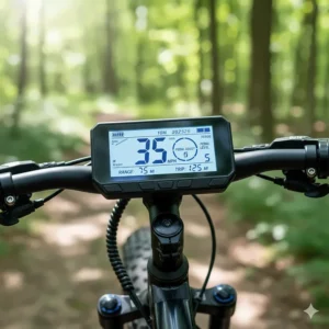A handlebar-mounted LCD screen showing speed, battery level, and pedal assist mode for an electric bike.