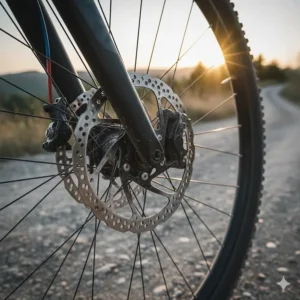 Detailed view of hydraulic disc brakes providing stopping power for e-bikes on steep gravel descents.