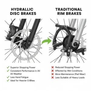 Illustration of hydraulic disc brakes on an electric bike for reliable stopping on busy paths.