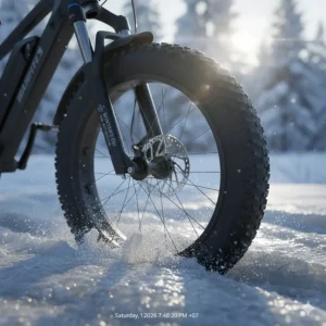 Illustration of an air-suspension fork absorbing bumps on an icy, uneven winter trail.
