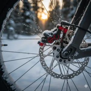 Detailed view of hydraulic disc brakes designed for reliable stopping power in freezing slush.