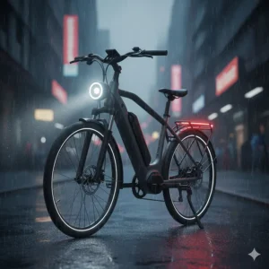 Illustration of integrated LED headlamps and taillights on an electric bike for safe city riding at night.