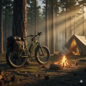 A lifestyle shot of a sleek electric bike for camping leaning against a tree near a glowing campfire at dawn.