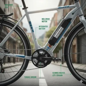 A technical diagram of a mid-drive motor on an electric bike designed for hilly city terrain.