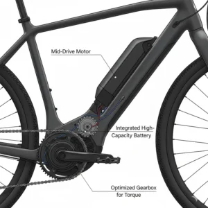 A cutaway illustration of a mid-drive motor and integrated battery on an electric gravel bicycle.