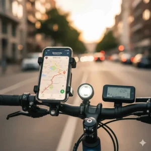 A handlebar-mounted smartphone showing a delivery route map on an electric bike.