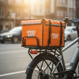Illustration of a heavy-duty rear rack on an electric bike designed to hold large food delivery boxes.