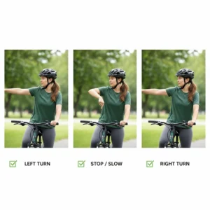 A rider demonstrating proper hand signals while using an electric bike on shared bike paths.