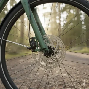 Illustration of high-performance hydraulic disc brakes providing reliable stopping power for a loaded electric bike for touring.