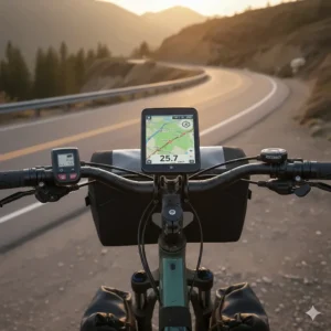 Close-up of an e-bike handlebar featuring a GPS navigation screen and pedal assist controls on a scenic route.