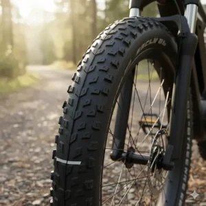 Detailed view of wide, high-traction, puncture-resistant tires designed for various electric bike touring terrains.