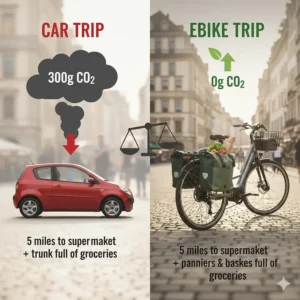 Illustration comparing CO2 emissions of a car versus an electric bike for grocery shopping.