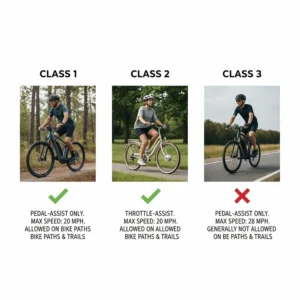 Diagram showing Class 1, 2, and 3 electric bikes permitted for bike paths.