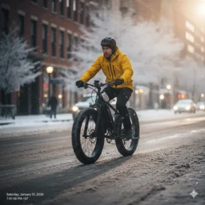 Illustration of a commuter using an electric bike for snow travel on plowed city streets.