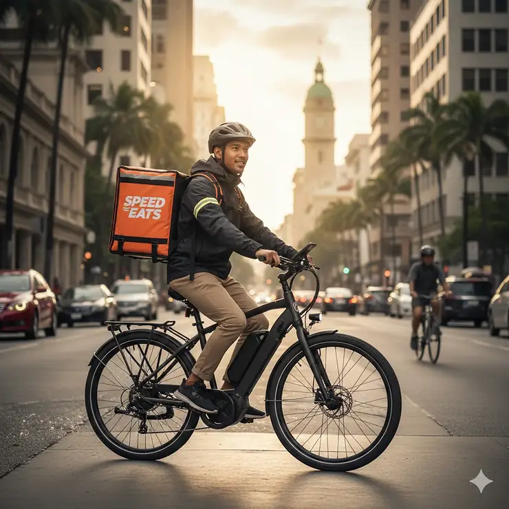 A professional food delivery courier riding an electric bike with a large thermal backpack in a busy city center. electric bike for food delivery