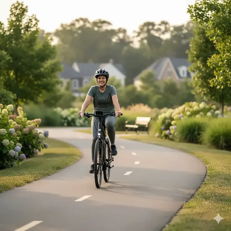 A person riding a modern electric bike for bike paths on a paved trail surrounded by greenery.