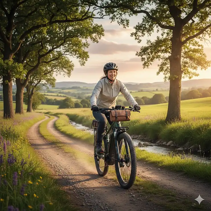 A cyclist riding a high-performance electric bike for country roads through a lush, rolling green landscape during sunset.