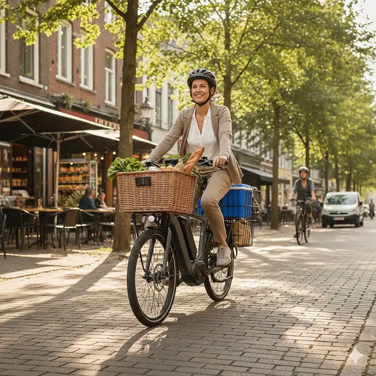 A person riding a cargo electric bike for grocery shopping with front and rear baskets filled with fresh produce.